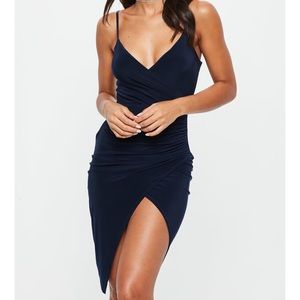 Missguided Navy Slip Ruched Split Side Midi Dress